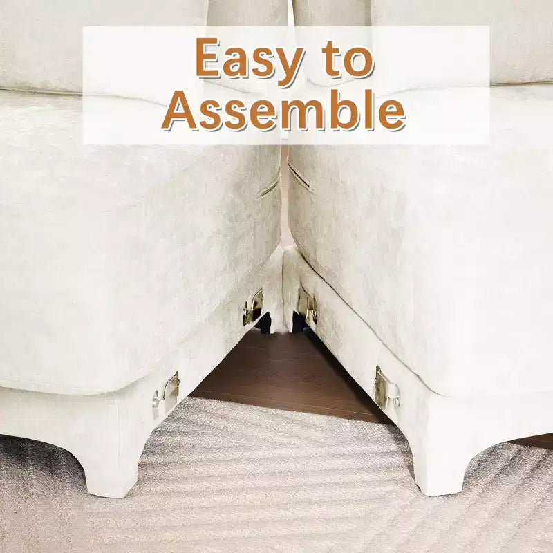 4-Seater Chenille Fabric Beige Sofa with 1 Movable Ottoman High Resilient Sponge Easy Install