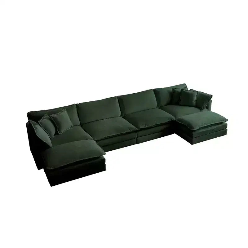 Reversible Chaise U-Shaped Sectional Sofa with Double Extra Ottomans in Green Chenille