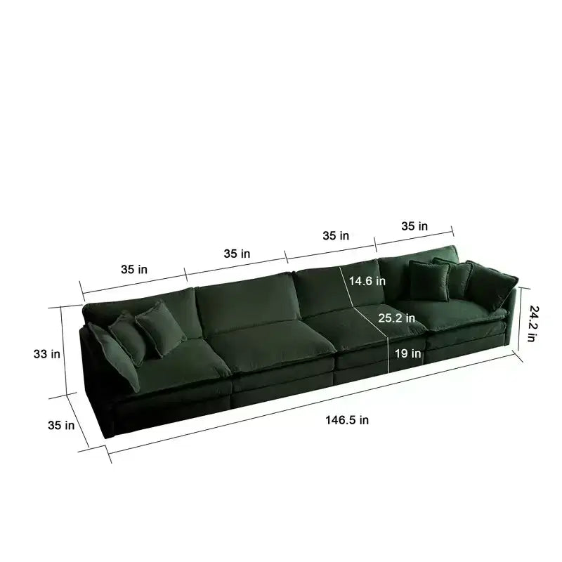 Reversible Chaise U-Shaped Sectional Sofa with Double Extra Ottomans in Green Chenille