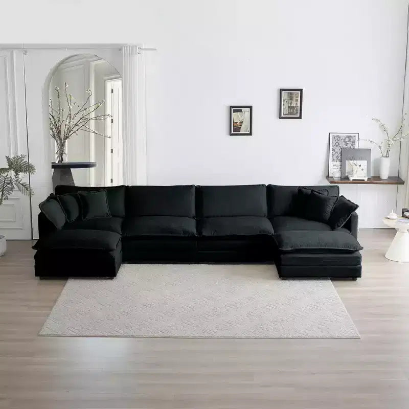 Reversible Chaise U-Shaped Sectional Sofa with Double Extra Ottomans in Green Chenille