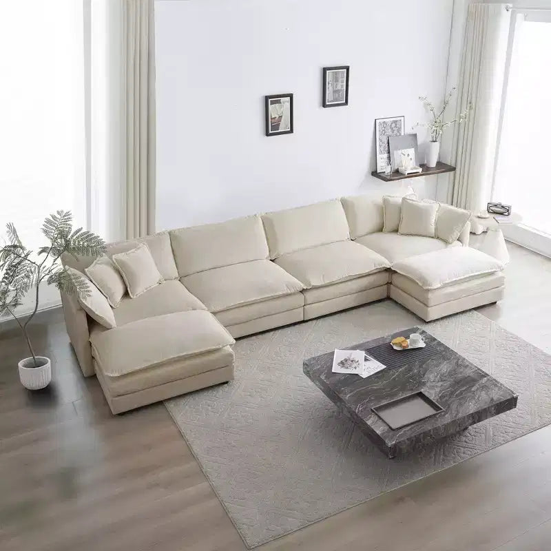 Reversible Chaise U-Shaped Sectional Sofa with Double Extra Ottomans in Green Chenille