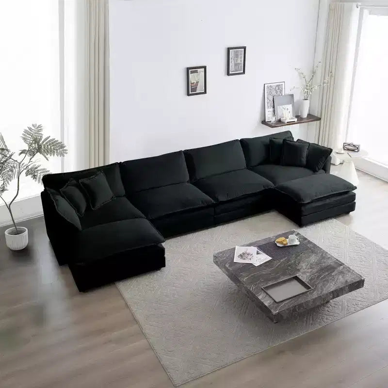 Reversible Chaise U-Shaped Sectional Sofa with Double Extra Ottomans in Green Chenille