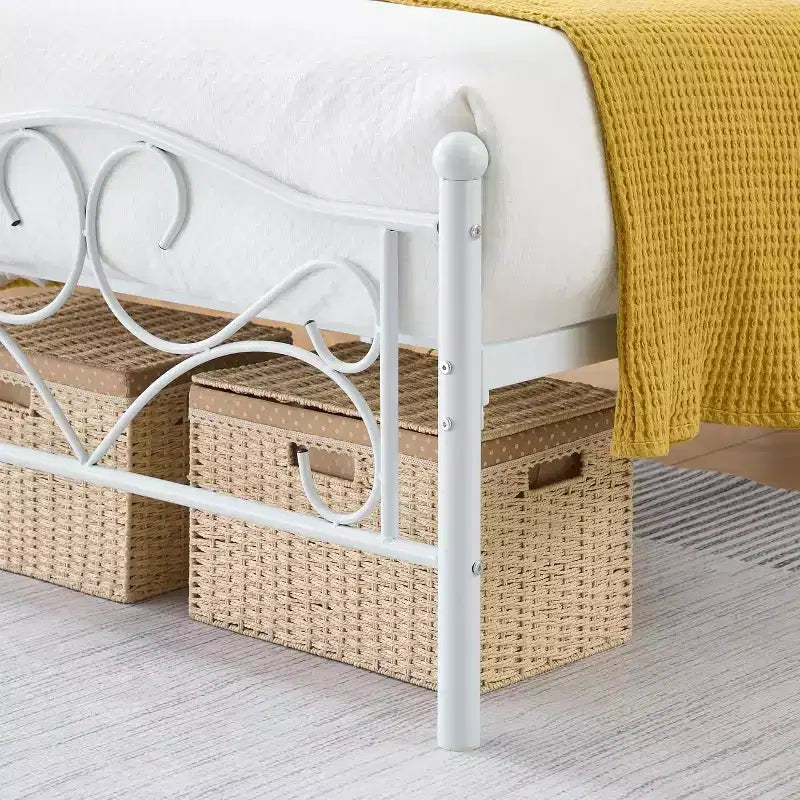 White Twin Bed Frame with Headboard, Heavy-Duty Metal Mattress Foundation with Steel Slats, No Box Spring Needed, Quiet & Durable