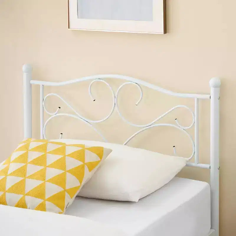White Twin Bed Frame with Headboard, Heavy-Duty Metal Mattress Foundation with Steel Slats, No Box Spring Needed, Quiet & Durable