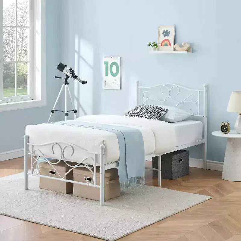 White Twin Bed Frame with Headboard, Heavy-Duty Metal Mattress Foundation with Steel Slats, No Box Spring Needed, Quiet & Durable