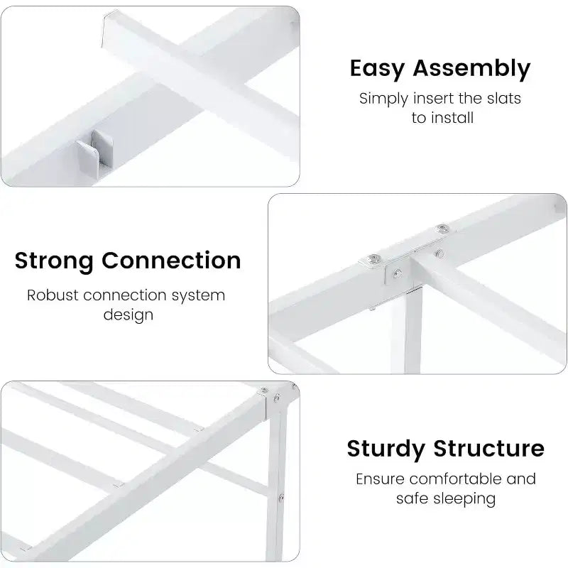 White Twin Bed Frame with Headboard, Heavy-Duty Metal Mattress Foundation with Steel Slats, No Box Spring Needed, Quiet & Durable