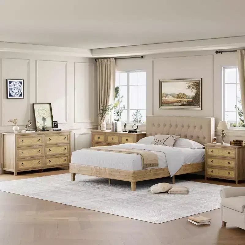 TROPOW Wide Dresser, Boho Wide Drawer Dresser with Storage, Wooden Closet Dressers Chest of Drawers Freestanding for Bedroom, Nursery, Living Room