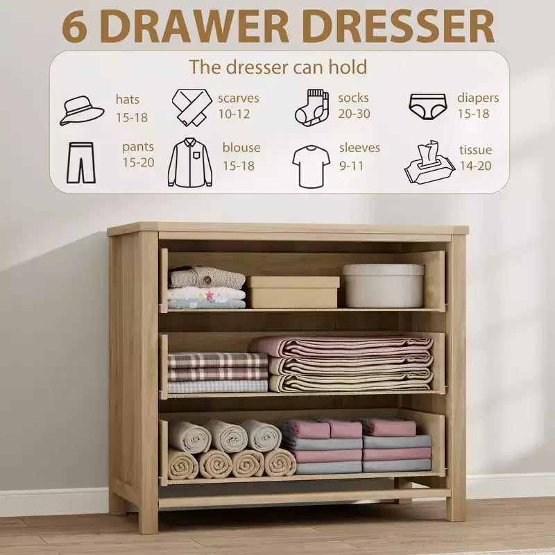 TROPOW Wide Dresser, Boho Wide Drawer Dresser with Storage, Wooden Closet Dressers Chest of Drawers Freestanding for Bedroom, Nursery, Living Room