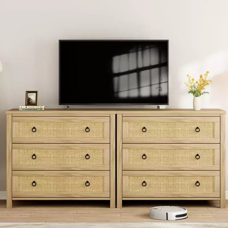 TROPOW Wide Dresser, Boho Wide Drawer Dresser with Storage, Wooden Closet Dressers Chest of Drawers Freestanding for Bedroom, Nursery, Living Room
