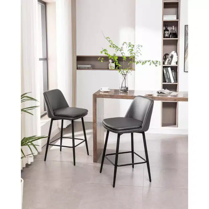 MAYEERTY Set of 2 Counter Height Swivel Bar Stools 360 Swivel Upholstered 25.6in Seat Height Faux Leather Gray for Kitchen Island Pub