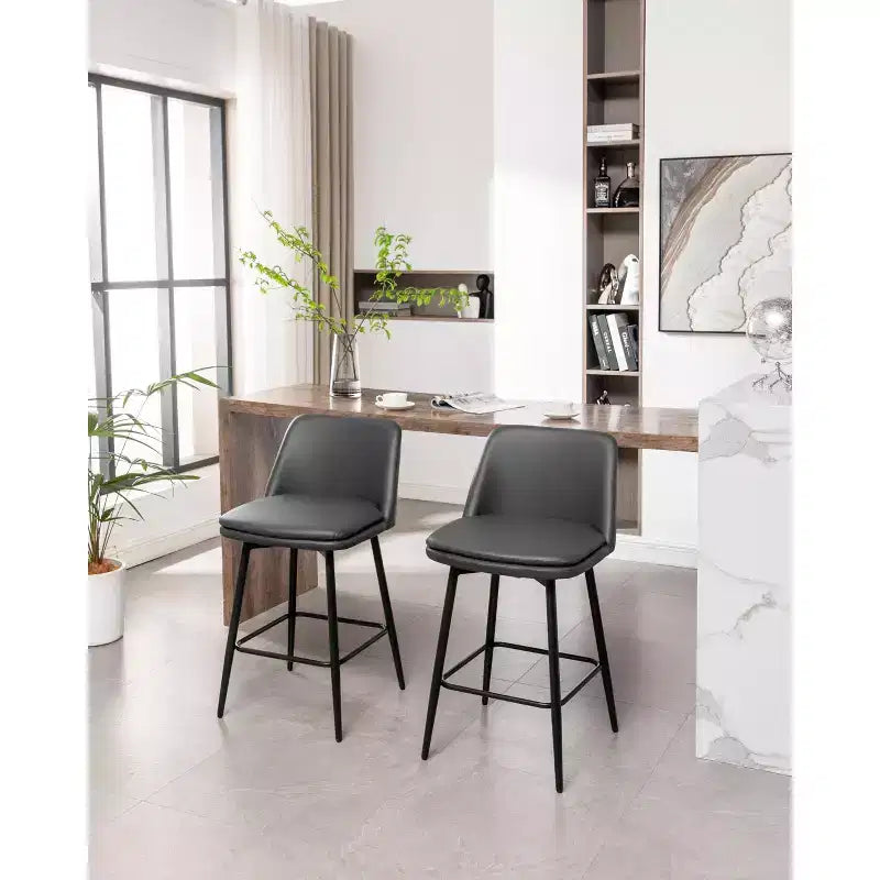MAYEERTY Set of 2 Counter Height Swivel Bar Stools 360 Swivel Upholstered 25.6in Seat Height Faux Leather Gray for Kitchen Island Pub