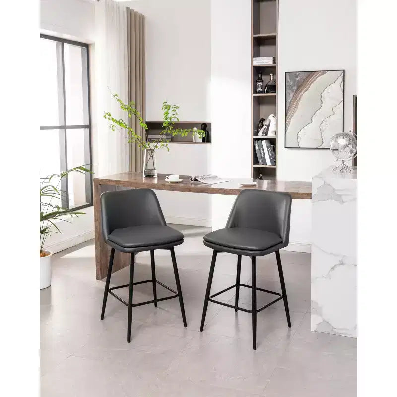 MAYEERTY Set of 2 Counter Height Swivel Bar Stools 360 Swivel Upholstered 25.6in Seat Height Faux Leather Gray for Kitchen Island Pub