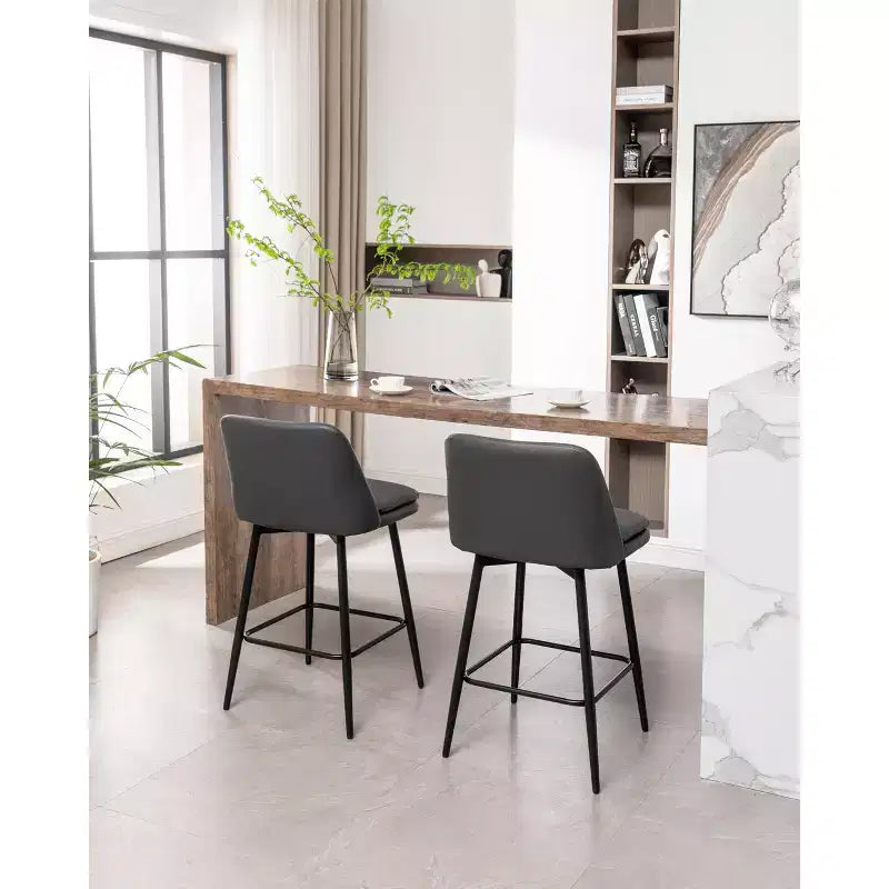 MAYEERTY Set of 2 Counter Height Swivel Bar Stools 360 Swivel Upholstered 25.6in Seat Height Faux Leather Gray for Kitchen Island Pub