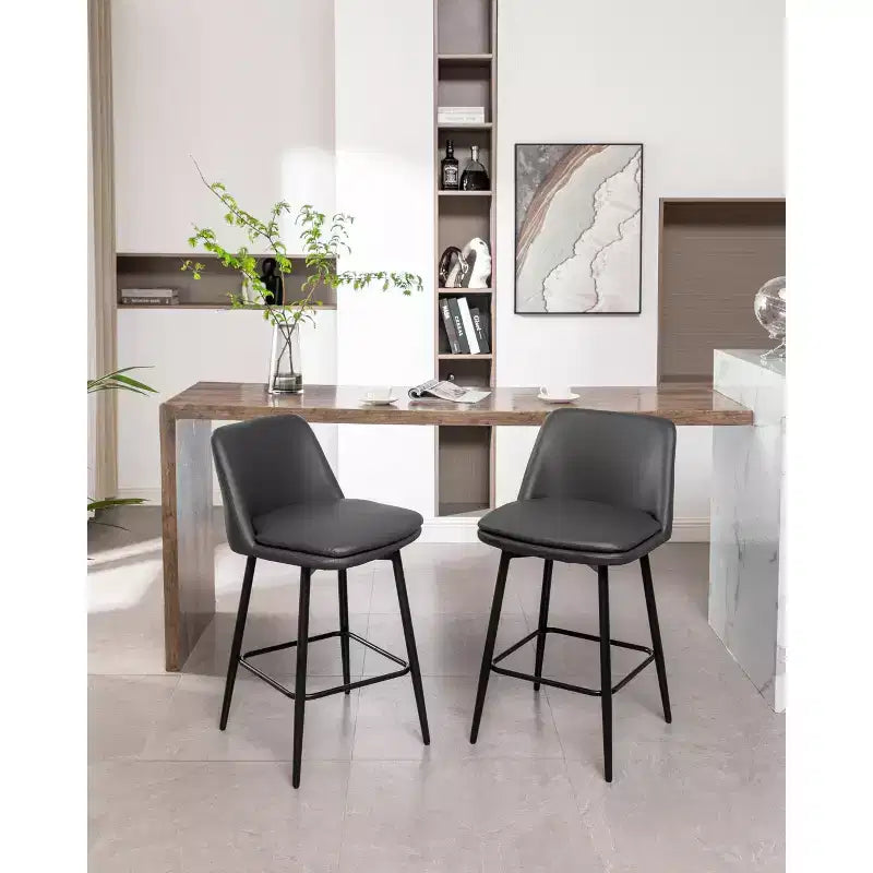MAYEERTY Set of 2 Counter Height Swivel Bar Stools 360 Swivel Upholstered 25.6in Seat Height Faux Leather Gray for Kitchen Island Pub