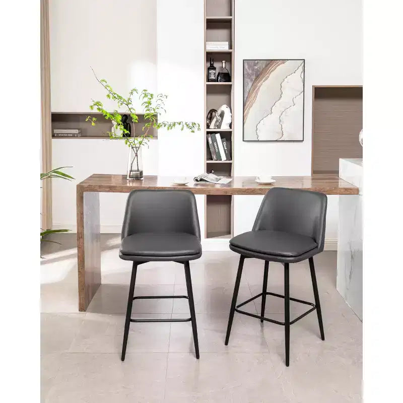 MAYEERTY Set of 2 Counter Height Swivel Bar Stools 360 Swivel Upholstered 25.6in Seat Height Faux Leather Gray for Kitchen Island Pub
