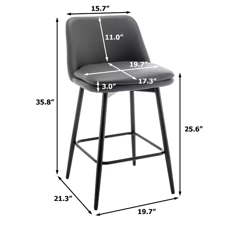 MAYEERTY Set of 2 Counter Height Swivel Bar Stools 360 Swivel Upholstered 25.6in Seat Height Faux Leather Gray for Kitchen Island Pub