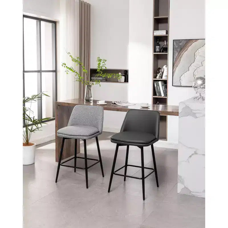 MAYEERTY Set of 2 Counter Height Swivel Bar Stools 360 Swivel Upholstered 25.6in Seat Height Faux Leather Gray for Kitchen Island Pub