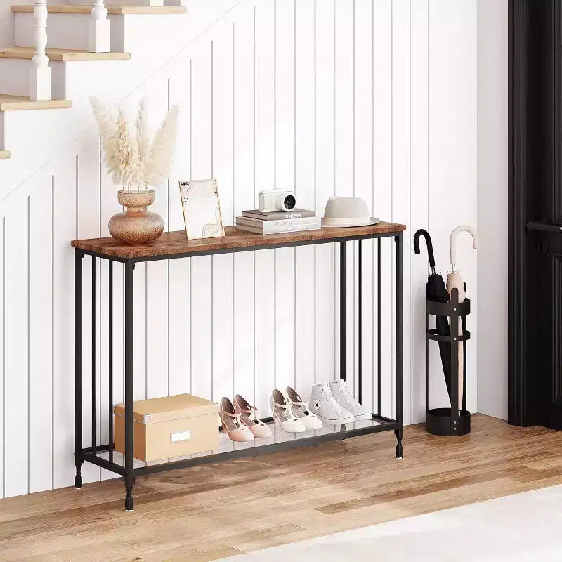 Acekool Narrow Entryway Console Table, Industrial Sofa Table with Storage Shelf, for Hallway, Living Room, Office