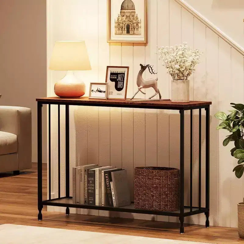 Acekool Narrow Entryway Console Table, Industrial Sofa Table with Storage Shelf, for Hallway, Living Room, Office