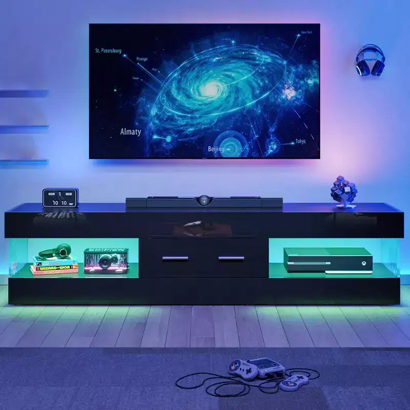 Bestier 67 Gaming TV Stand for TV up to 75, High Gloss Entertainment Center LED Medium Console TV Media Center with Storage Drawer & Open Shelves