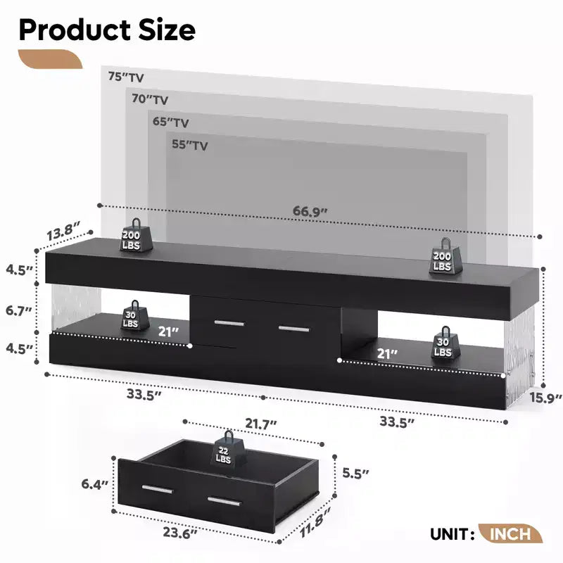 Bestier 67 Gaming TV Stand for TV up to 75, High Gloss Entertainment Center LED Medium Console TV Media Center with Storage Drawer & Open Shelves