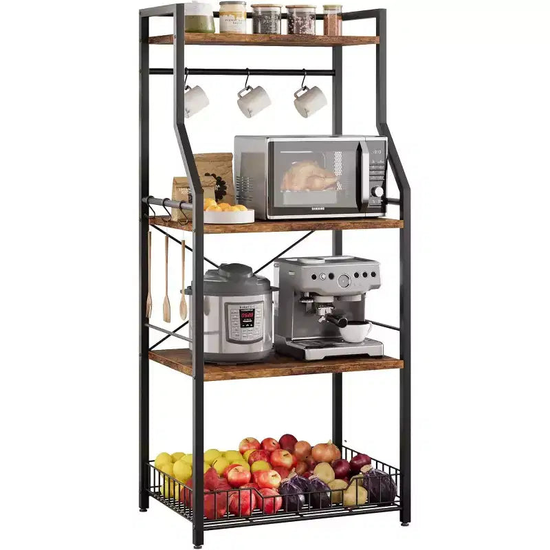 60CM Single-Style Microwave Stand, Iron & PB Board, Black & Retro Color, for Kitchen Counter