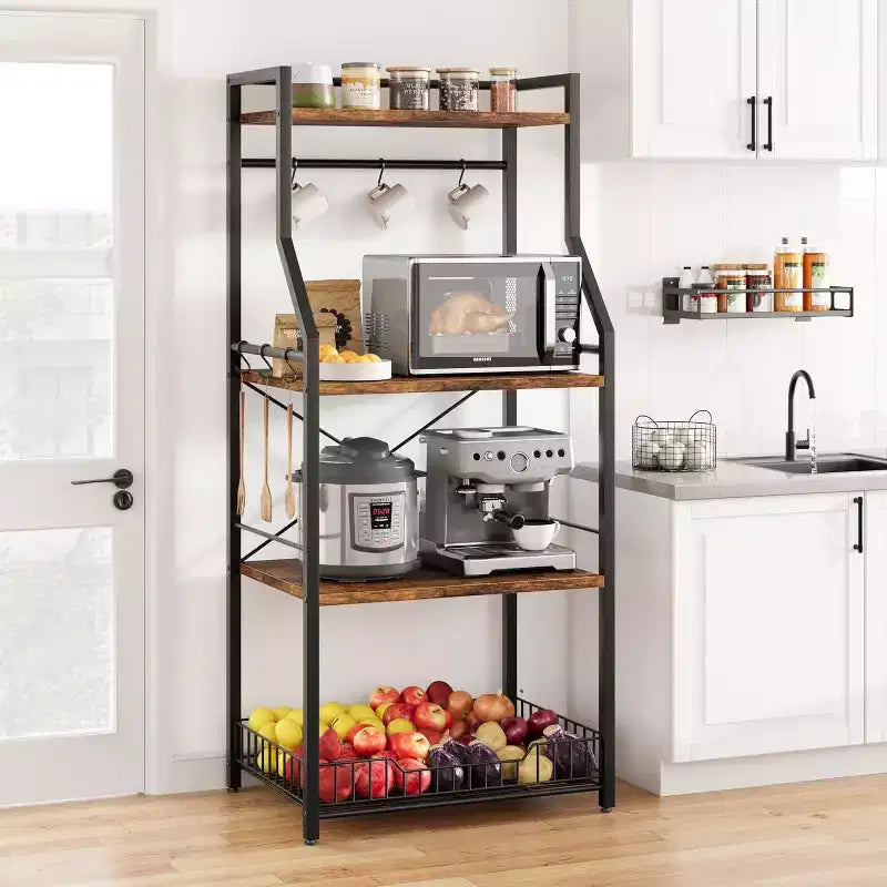 60CM Single-Style Microwave Stand, Iron & PB Board, Black & Retro Color, for Kitchen Counter
