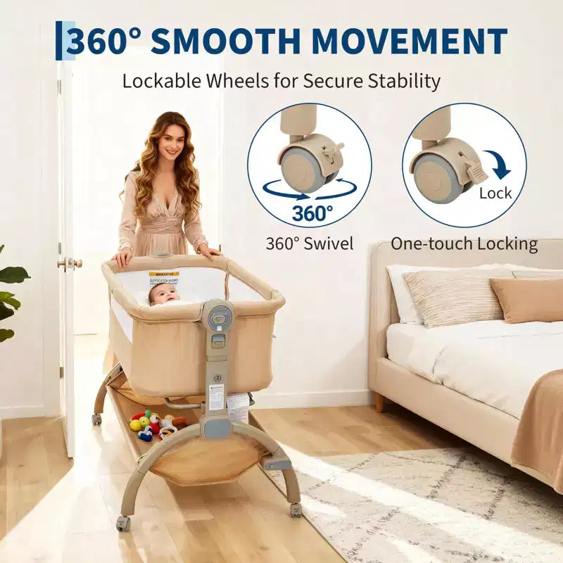 3-in-1 Baby Crib, Adjustable Bedside Sleeper with Wheels & Mosquito Net, Portable Bassinet Bassinet, Breathable Fabrics for Newborn to Toddler