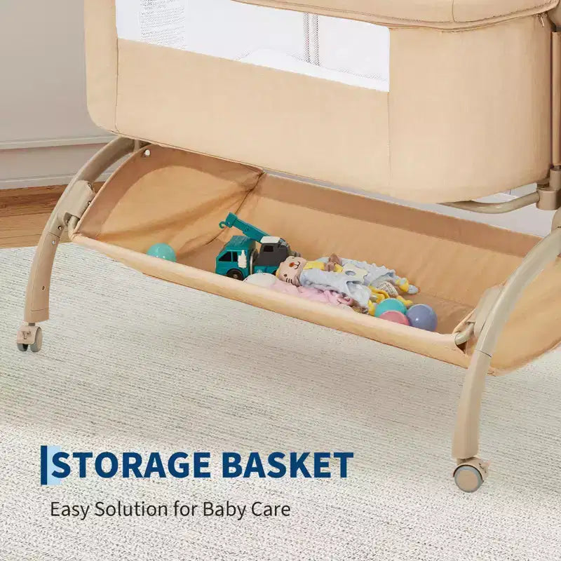 3-in-1 Baby Crib, Adjustable Bedside Sleeper with Wheels & Mosquito Net, Portable Bassinet Bassinet, Breathable Fabrics for Newborn to Toddler