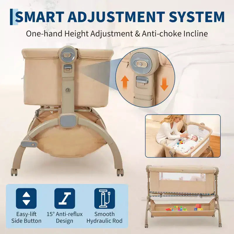 3-in-1 Baby Crib, Adjustable Bedside Sleeper with Wheels & Mosquito Net, Portable Bassinet Bassinet, Breathable Fabrics for Newborn to Toddler