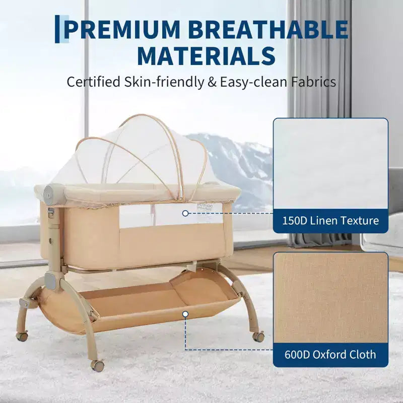 3-in-1 Baby Crib, Adjustable Bedside Sleeper with Wheels & Mosquito Net, Portable Bassinet Bassinet, Breathable Fabrics for Newborn to Toddler