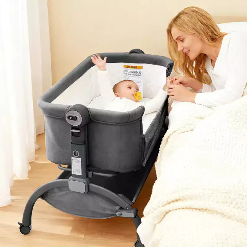 3-in-1 Baby Crib, Adjustable Bedside Sleeper with Wheels & Mosquito Net, Portable Bassinet Bassinet, Breathable Fabrics for Newborn to Toddler