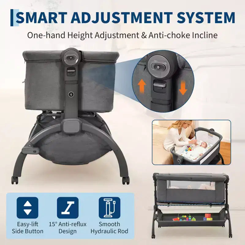 3-in-1 Baby Crib, Adjustable Bedside Sleeper with Wheels & Mosquito Net, Portable Bassinet Bassinet, Breathable Fabrics for Newborn to Toddler