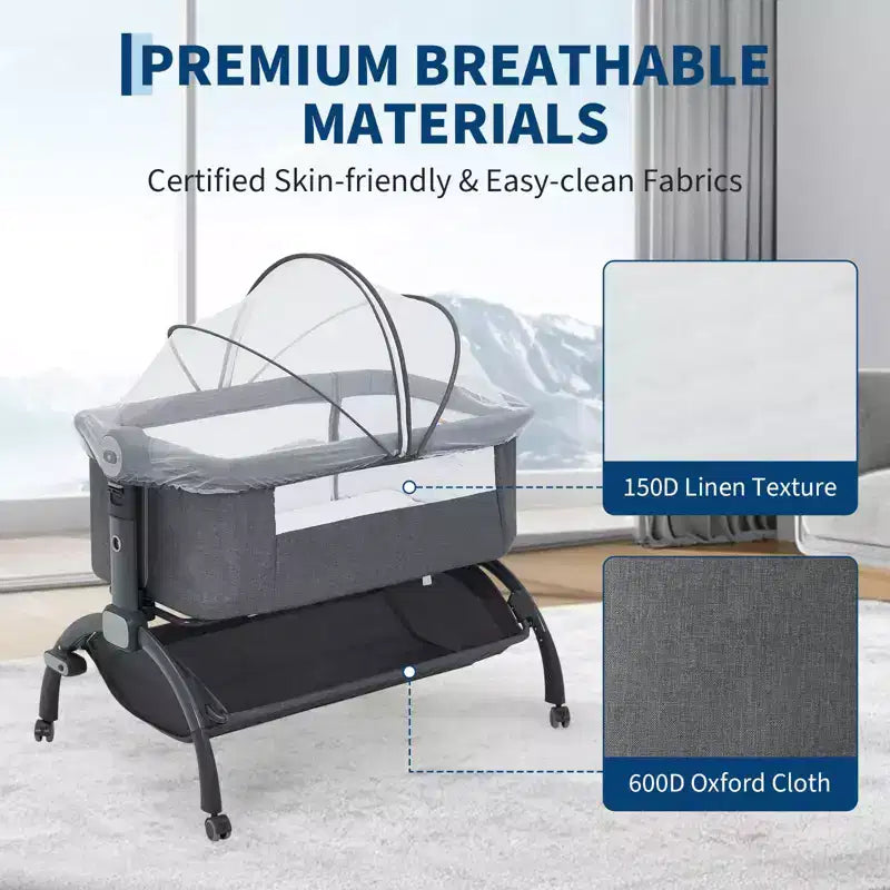3-in-1 Baby Crib, Adjustable Bedside Sleeper with Wheels & Mosquito Net, Portable Bassinet Bassinet, Breathable Fabrics for Newborn to Toddler