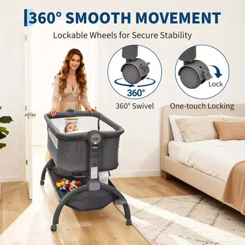 3-in-1 Baby Crib, Adjustable Bedside Sleeper with Wheels & Mosquito Net, Portable Bassinet Bassinet, Breathable Fabrics for Newborn to Toddler