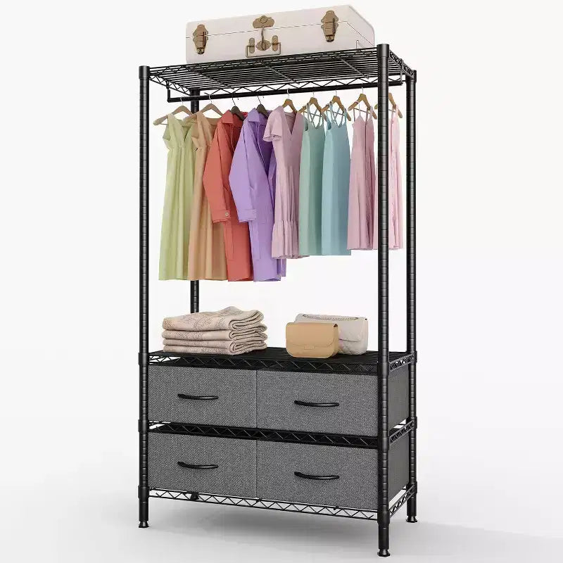 Heavy-Duty Garment Rack with 4 Drawers & Hanging Rod, Freestanding Closet Organizer with Adjustable Shelves for Bedroom, Dorm, or Entryway