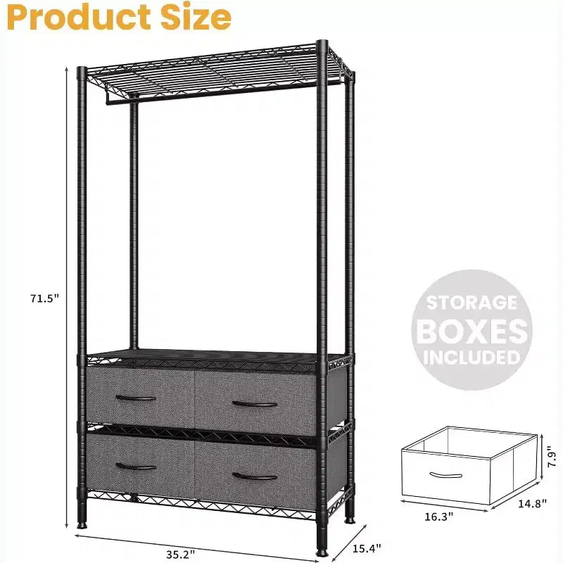 Heavy-Duty Garment Rack with 4 Drawers & Hanging Rod, Freestanding Closet Organizer with Adjustable Shelves for Bedroom, Dorm, or Entryway