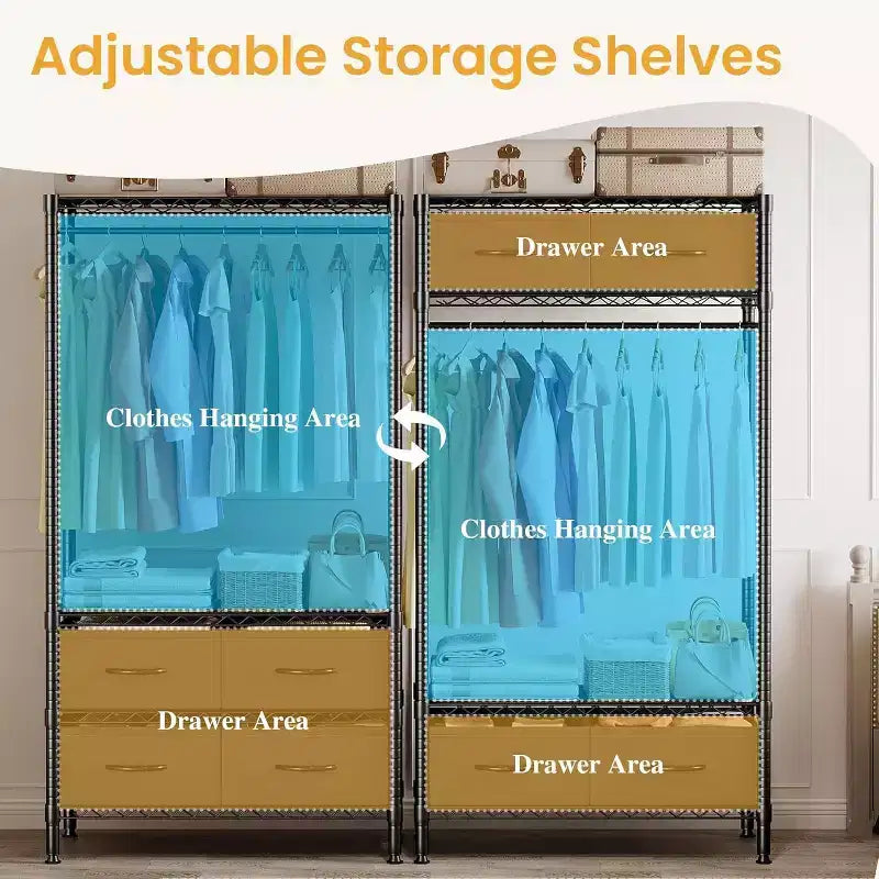 Heavy-Duty Garment Rack with 4 Drawers & Hanging Rod, Freestanding Closet Organizer with Adjustable Shelves for Bedroom, Dorm, or Entryway