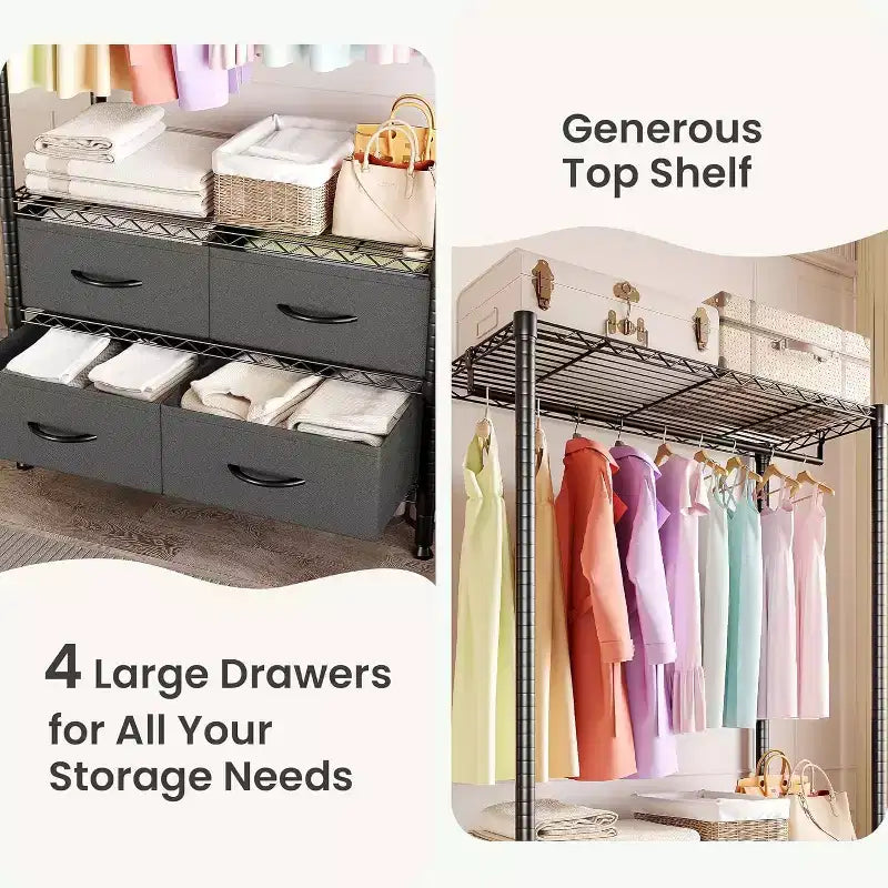 Heavy-Duty Garment Rack with 4 Drawers & Hanging Rod, Freestanding Closet Organizer with Adjustable Shelves for Bedroom, Dorm, or Entryway