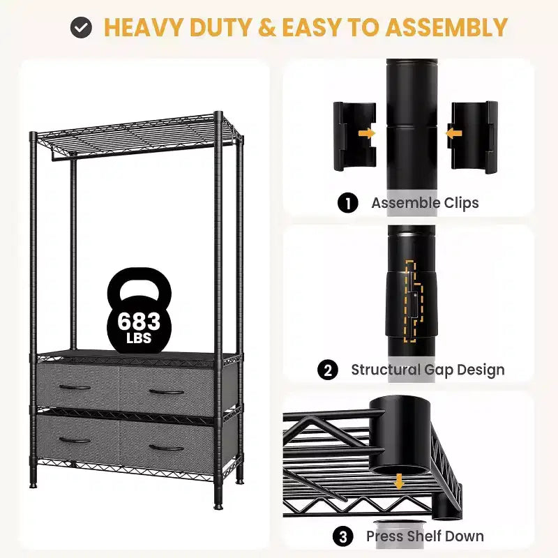 Heavy-Duty Garment Rack with 4 Drawers & Hanging Rod, Freestanding Closet Organizer with Adjustable Shelves for Bedroom, Dorm, or Entryway