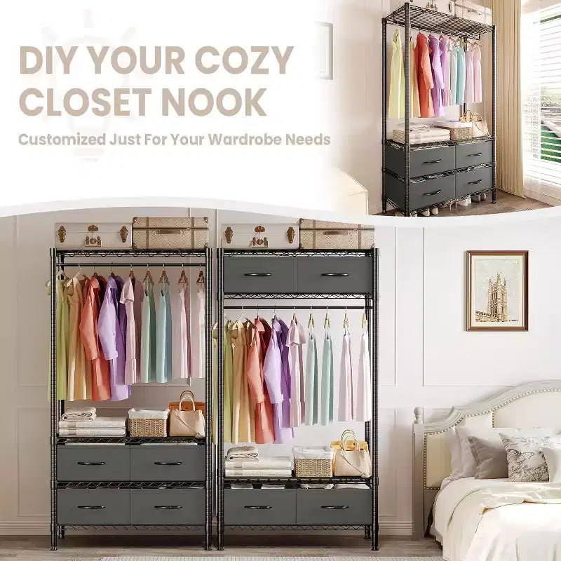 Heavy-Duty Garment Rack with 4 Drawers & Hanging Rod, Freestanding Closet Organizer with Adjustable Shelves for Bedroom, Dorm, or Entryway