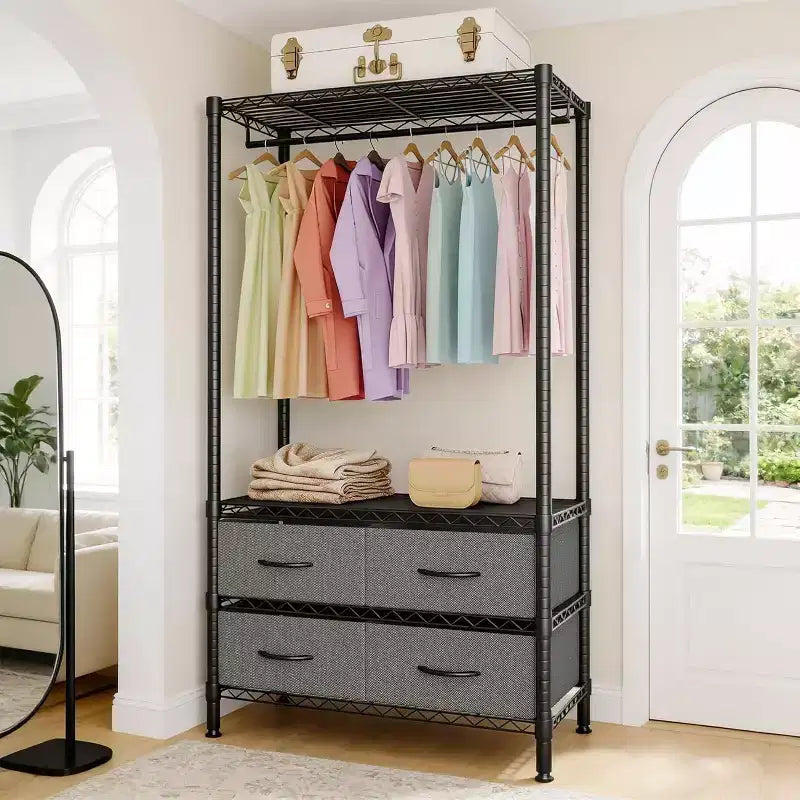 Heavy-Duty Garment Rack with 4 Drawers & Hanging Rod, Freestanding Closet Organizer with Adjustable Shelves for Bedroom, Dorm, or Entryway