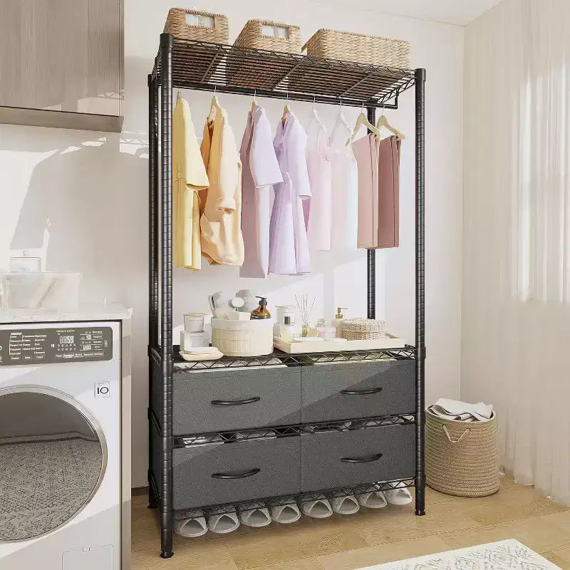 Heavy-Duty Garment Rack with 4 Drawers & Hanging Rod, Freestanding Closet Organizer with Adjustable Shelves for Bedroom, Dorm, or Entryway