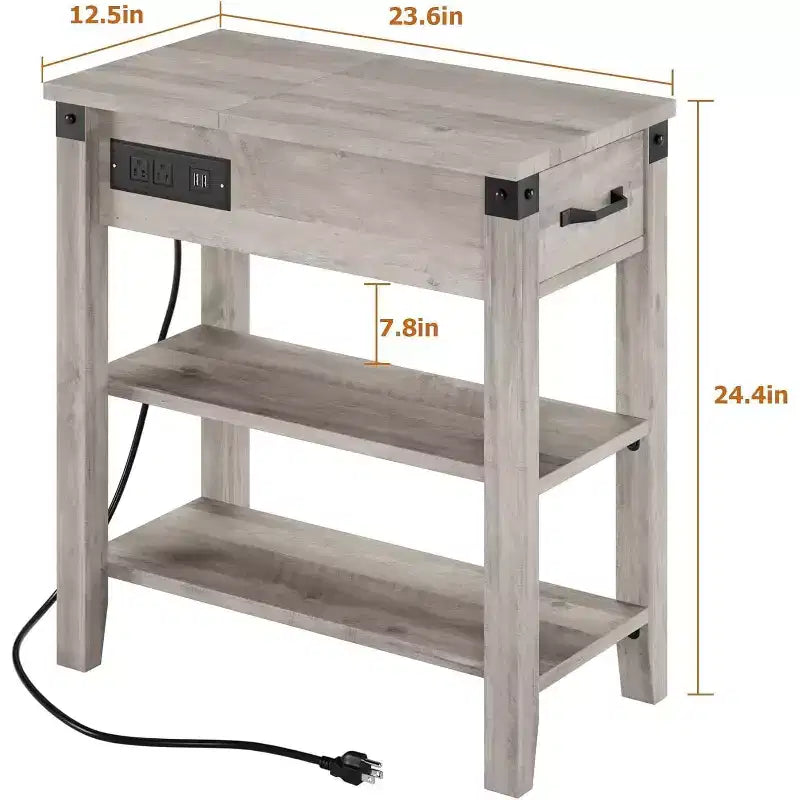 Narrow Flip Top Side Table with USB Ports & Outlets, Drawer and Storage Shelves for Bedroom Living Room