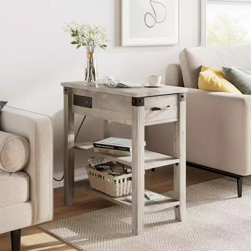 Narrow Flip Top Side Table with USB Ports & Outlets, Drawer and Storage Shelves for Bedroom Living Room