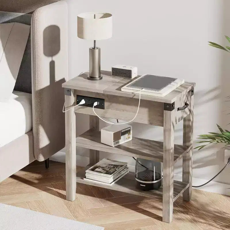 Narrow Flip Top Side Table with USB Ports & Outlets, Drawer and Storage Shelves for Bedroom Living Room