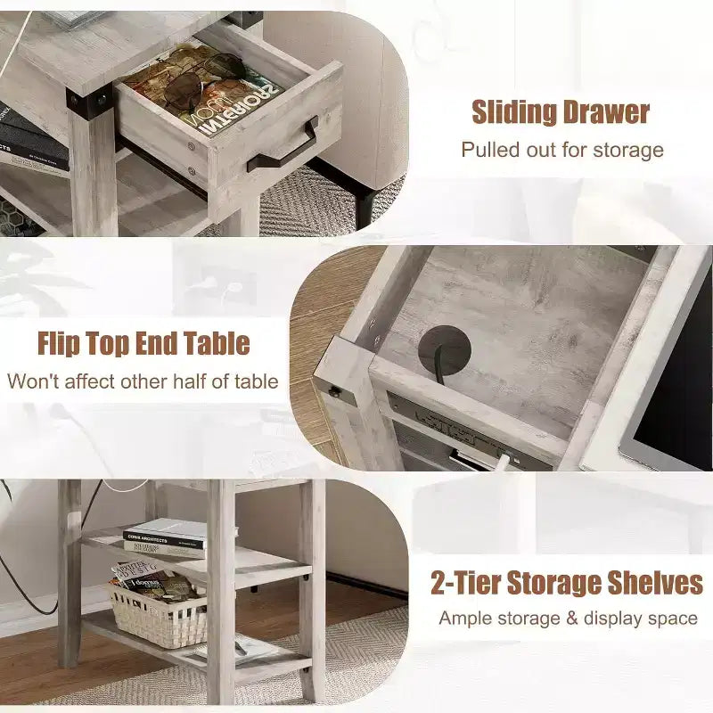 Narrow Flip Top Side Table with USB Ports & Outlets, Drawer and Storage Shelves for Bedroom Living Room