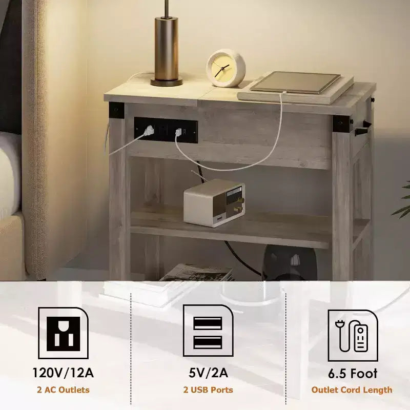 Narrow Flip Top Side Table with USB Ports & Outlets, Drawer and Storage Shelves for Bedroom Living Room