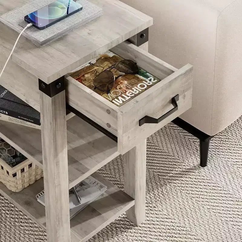 Narrow Flip Top Side Table with USB Ports & Outlets, Drawer and Storage Shelves for Bedroom Living Room