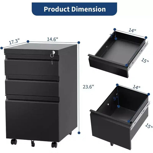 3-Drawer Mobile File Cabinet with Lock, Adjustable Shelf & Wheels for Legal/Letter/A4 Documents, Metal Under-Desk Organizer Storage Box